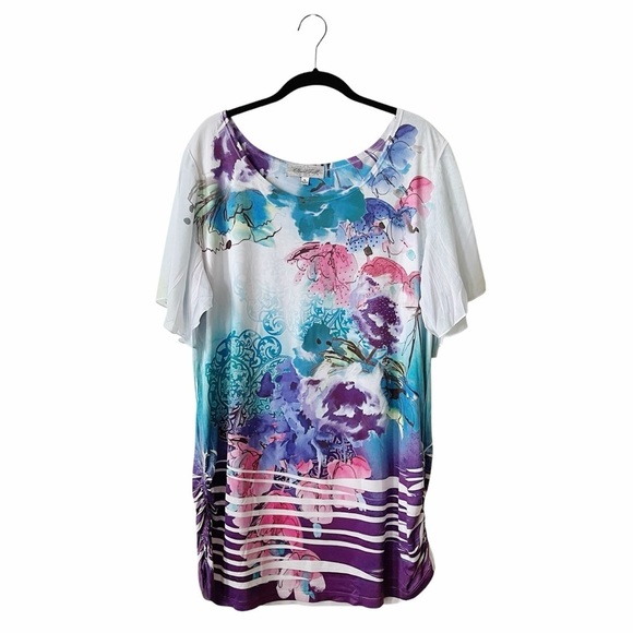 Closet Full Top Womens Size XL Multicolor Floral Sublimation Ruched Flare Sleeve - Picture 1 of 6